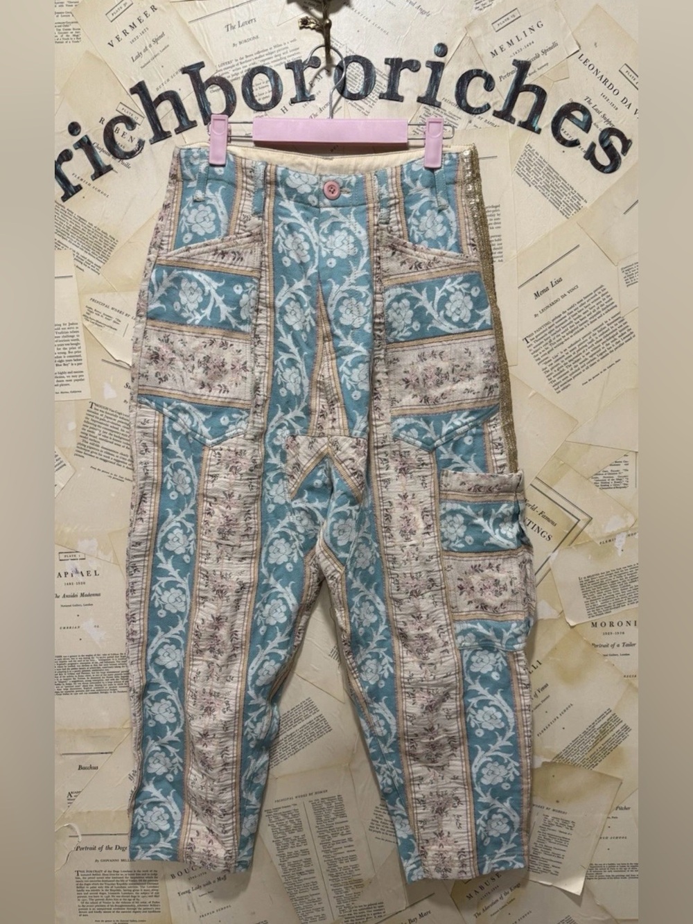 Free People Bay To Breakers Jacquard Pants Harem Floral Sequin Side Aqua Tan
